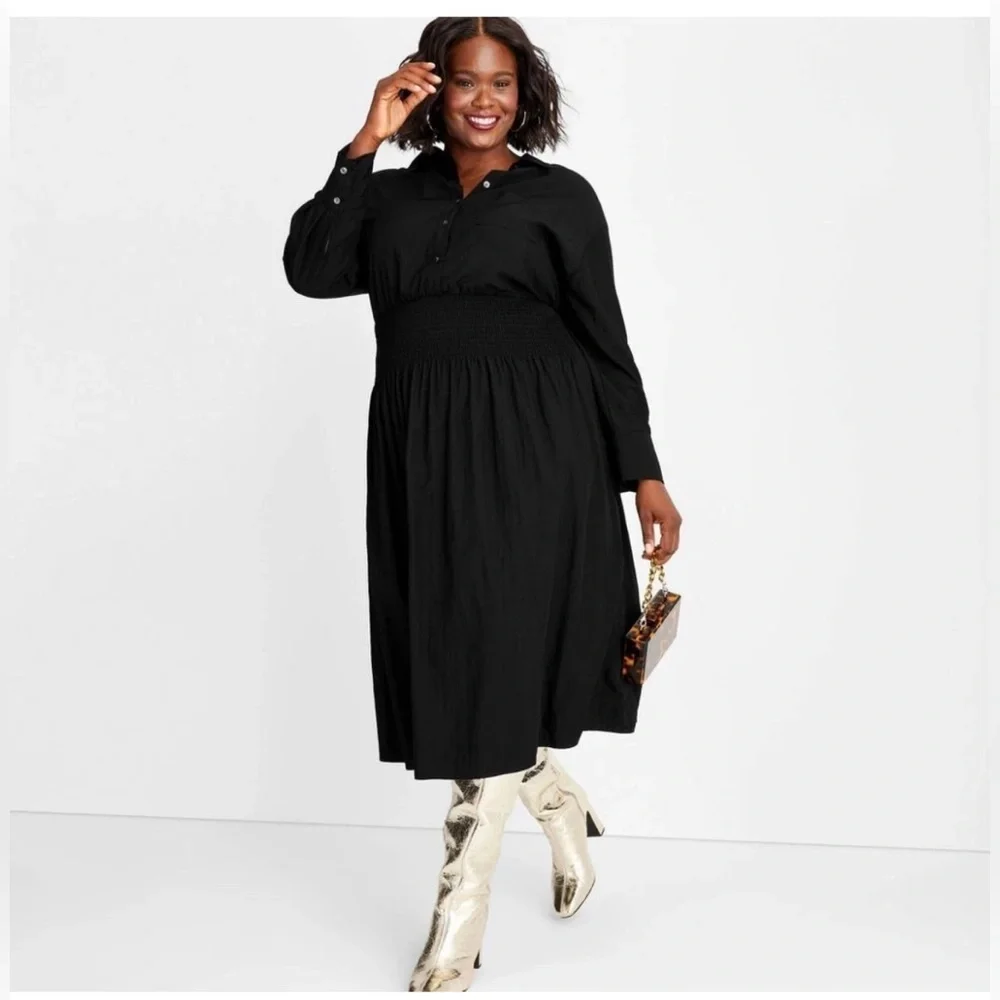 Future Collective Black Collared Long Sleeve Smocked Midi Shirtdress, XXL, new